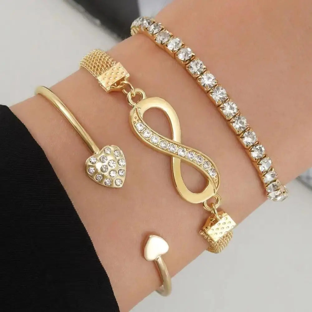 3-Piece Rhinestone Infinite Heart Bangle Set