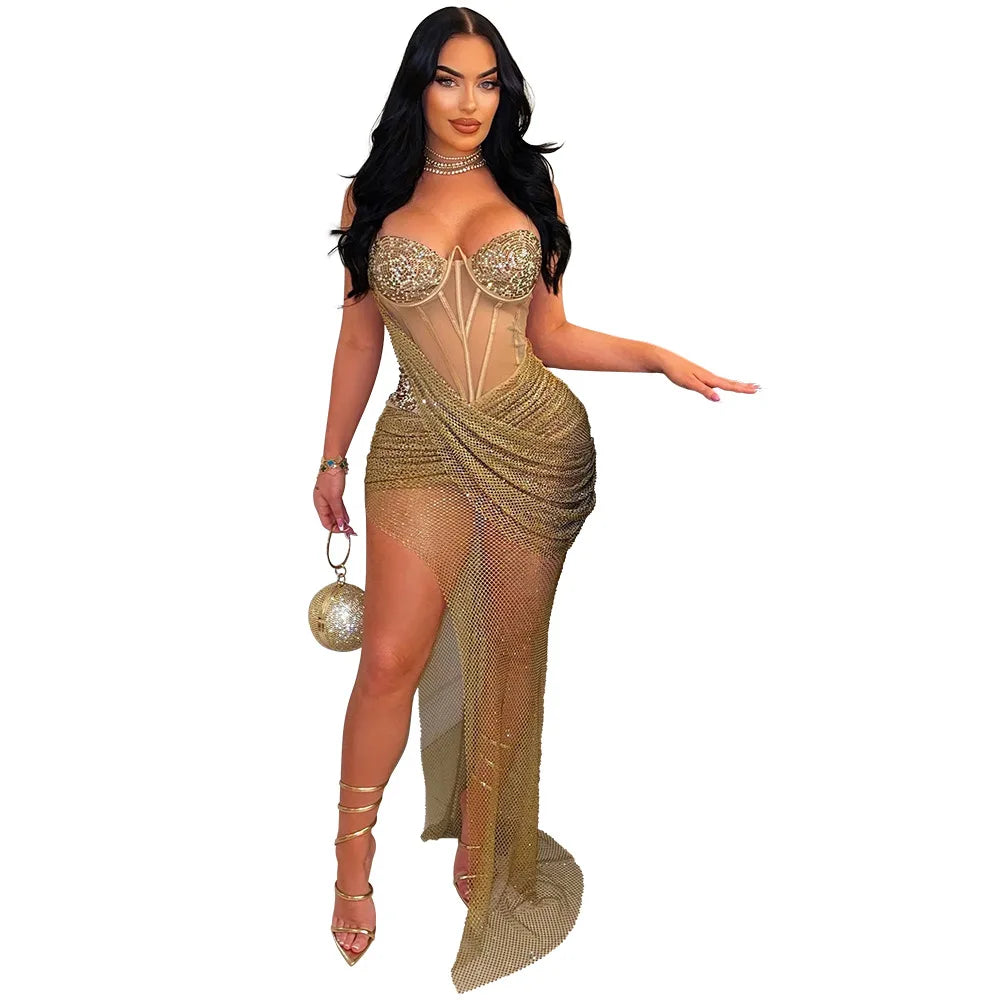 CM.YAYA Women Mesh Strapless Perspective Rhinestone Strap Maxi Long Dress