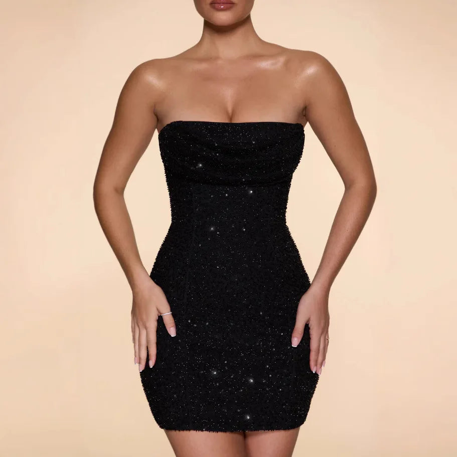 European and American personalized sequined tube top dress summer and autumn sexy sleeveless waist slim short hip skirt 2025 new