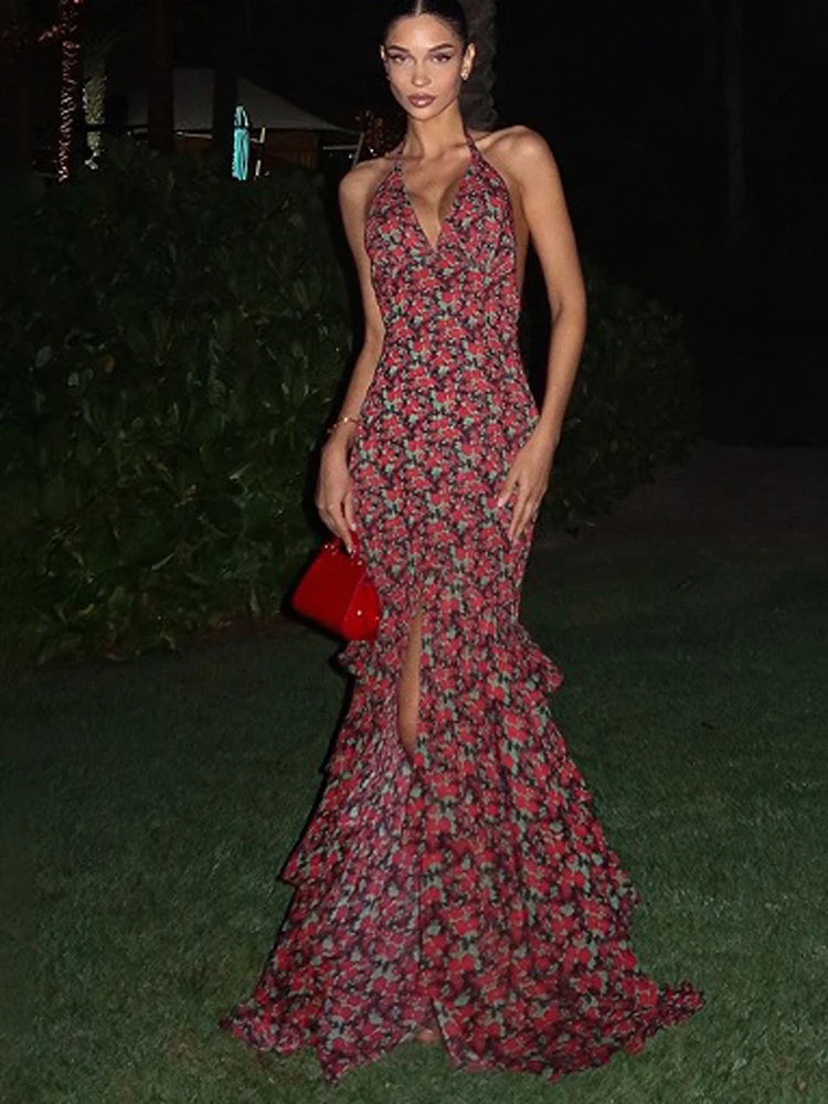 Sexy Floral Print Halter Long Dress