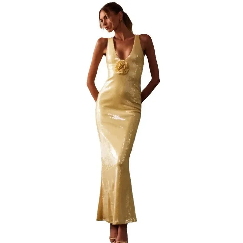 New Hollow out Backless Party Dress Sequin Split Long Skirt Women V Neck Sleeveless Ankle Length Regular Waistline Gown