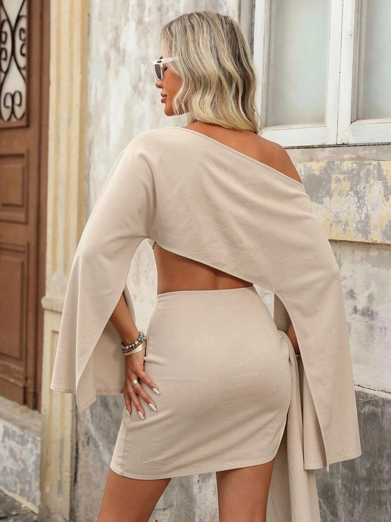 Women khaki Off Shoulder Split Sleeve Crop Top Wrap Tie Skirt Set