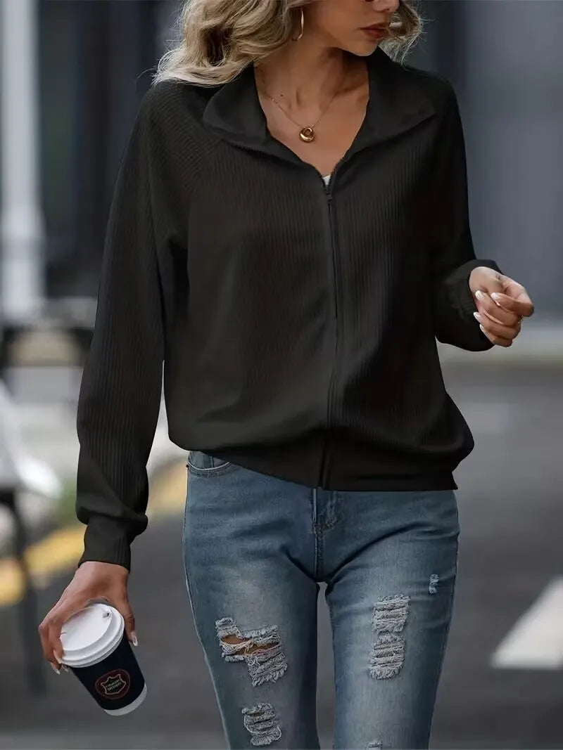 Women’s Lapel Loose Knit Zip-Up Jacket