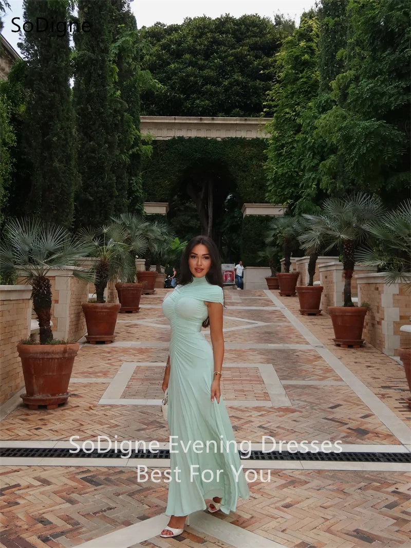 Sexy High Neck Sense of design Prom Dresses Pleated Party Dress Short Sleeves Floor-Length Evening Gowns SoDigne 2025 Customized