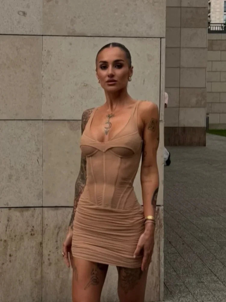 Sexy Solid Fishbone V-neck Dress Women Elegant Solid Sleeveless