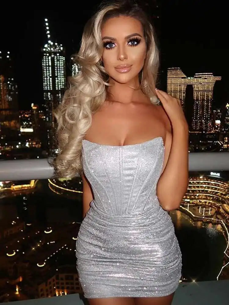 Sliver Glitter Sexy Dress Women Strapless Skeleton Mini Summer Bodycon Dress