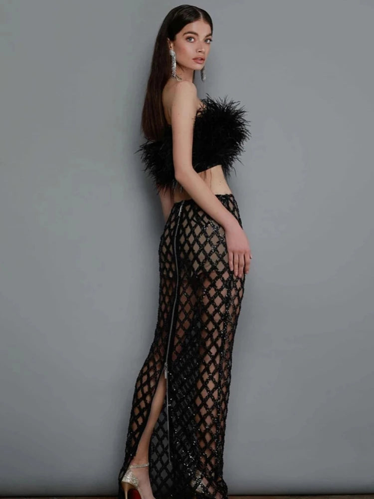 Sexy Luxury Sequins Feather Strapless Top+ Skirt Two Piece Set