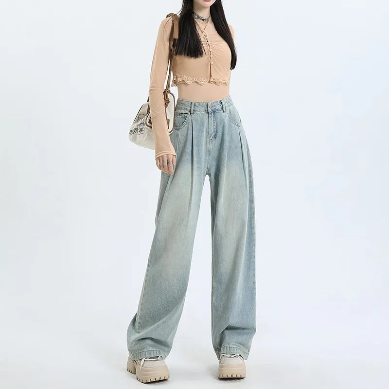Pleated Wide Leg High Waist Jeans