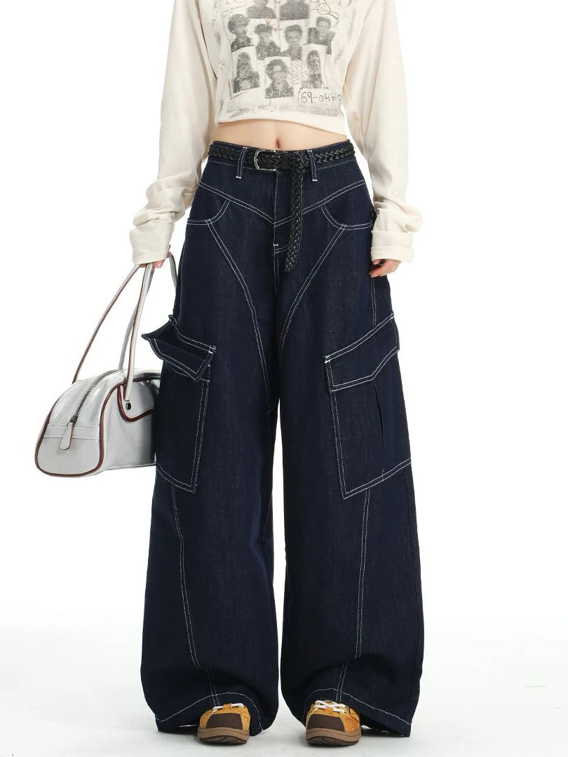 High Waist Multi Pocket Jeans Women 2025 New Fashionable Solid Color Versatile Large Size Cargo Pants
