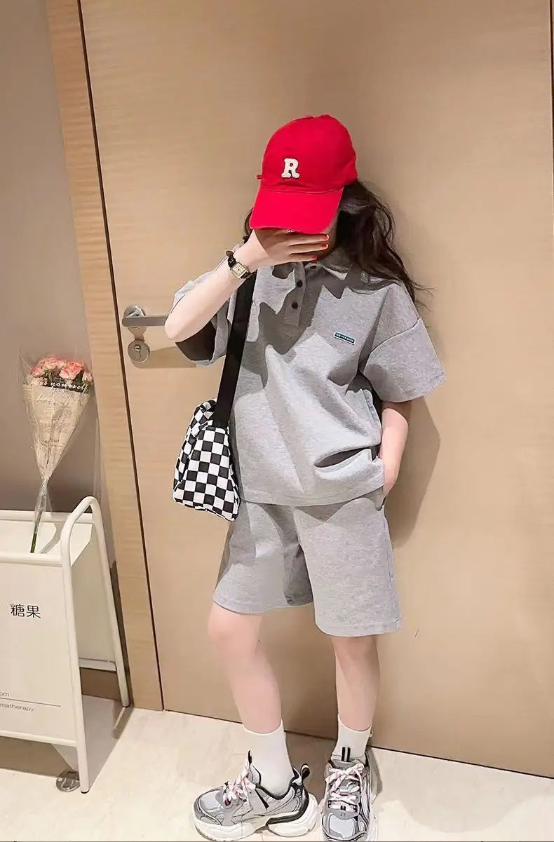Girls Polo Collar Top & Sports Shorts Set
