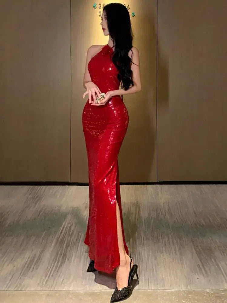 Summer Red Sequined Women's Halter Neck Dresses Fashion Backless Bandage Dress Sexy Party Female Birthday Evening Long Dress New