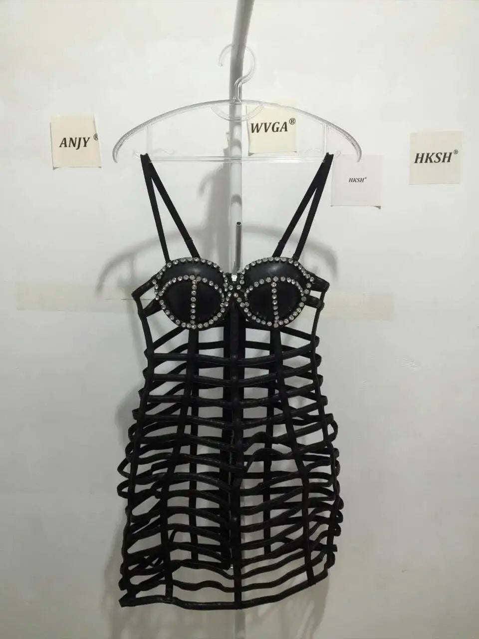 HKSH Women Ins Sexy PU Leather Dress Strap Studded Diamonds