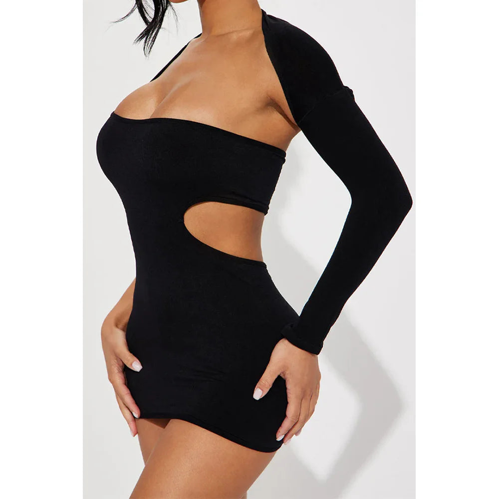 Women's Dress Sexy One-shoulder Long-sleeved Cutout Dresses Solid Color Slim-fit Hollowed-out Dress