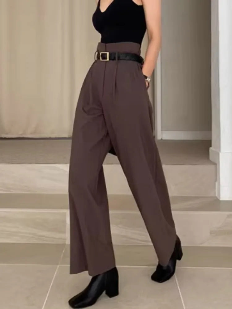 Chic Retro Lapel ort One Button Suit Jaet High Waist Wide Leg Pants