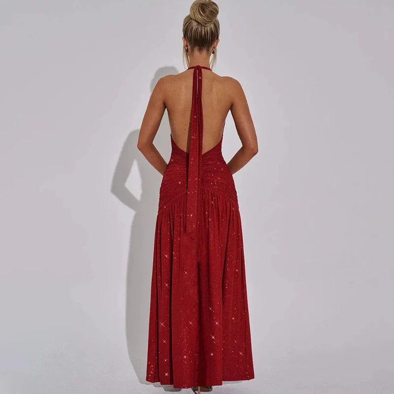 Sexy Evening Dress Halter Hanging Backless Shiny Silk Deep V Hollow Out Sleeveless Spicy Girl Height Slit Dress Women's Clothing