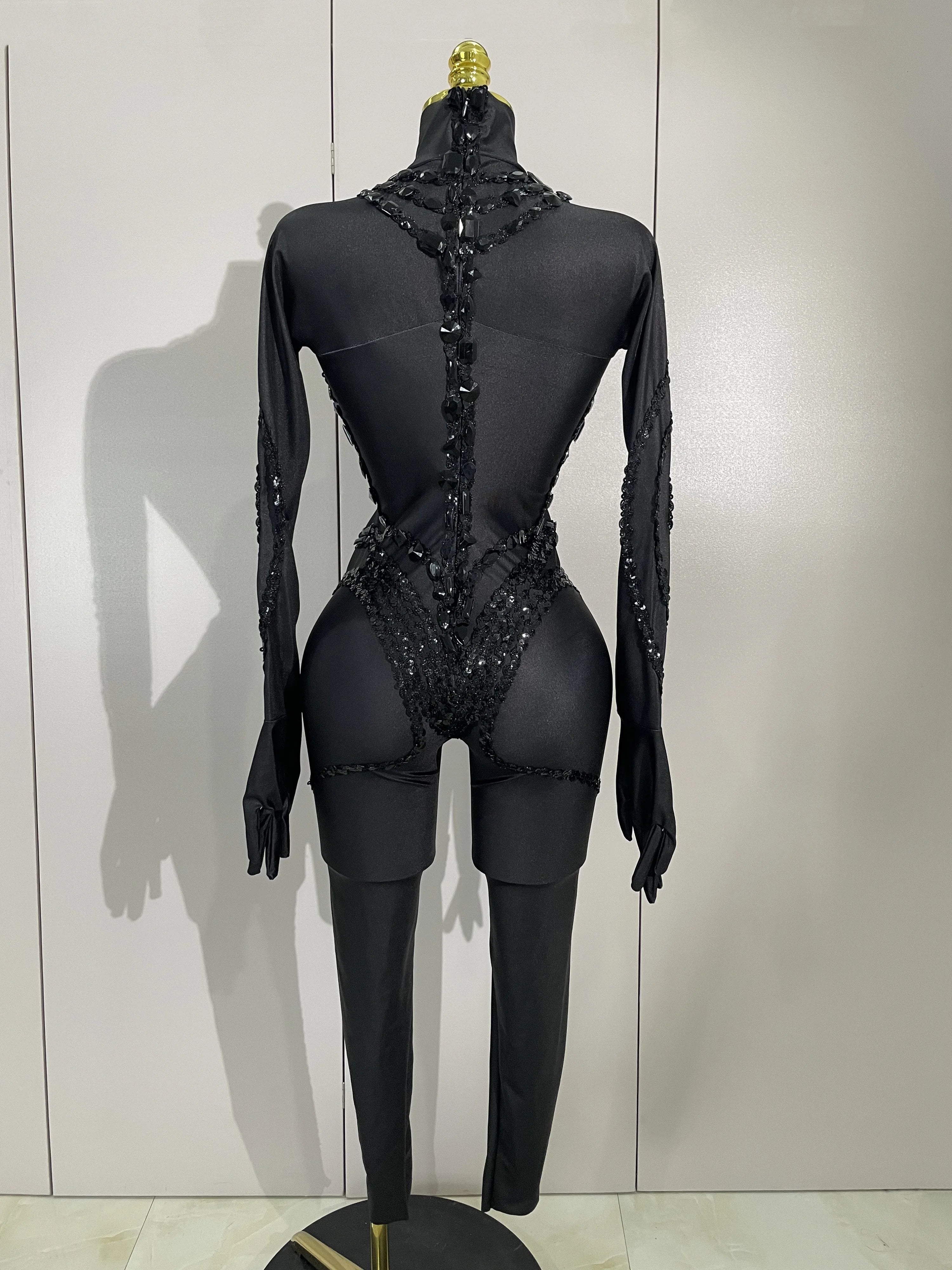 Luxury Festivals Outfit Sparkle Diamonds Sequins Black Spandex Jumpsuit Women Eveing Birthday Party NightClub Bar Stage Costume