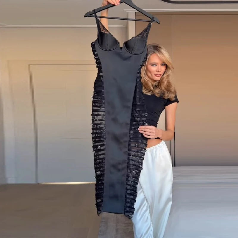 Sexy Cutout Lace Trim Satin Bodycon Midi Dress