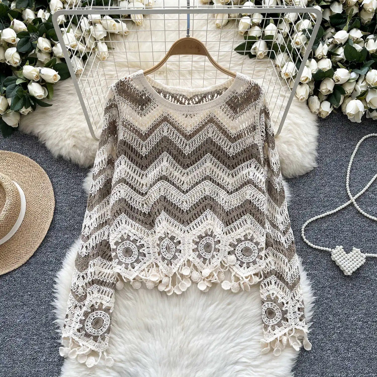 Zig Zag Crochet V-Neck Sweater for Women
