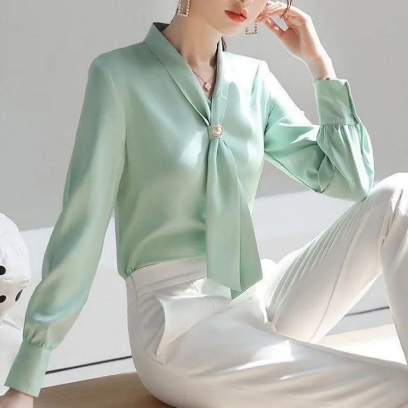Spring Autumn Bow Tie Collar Blouse