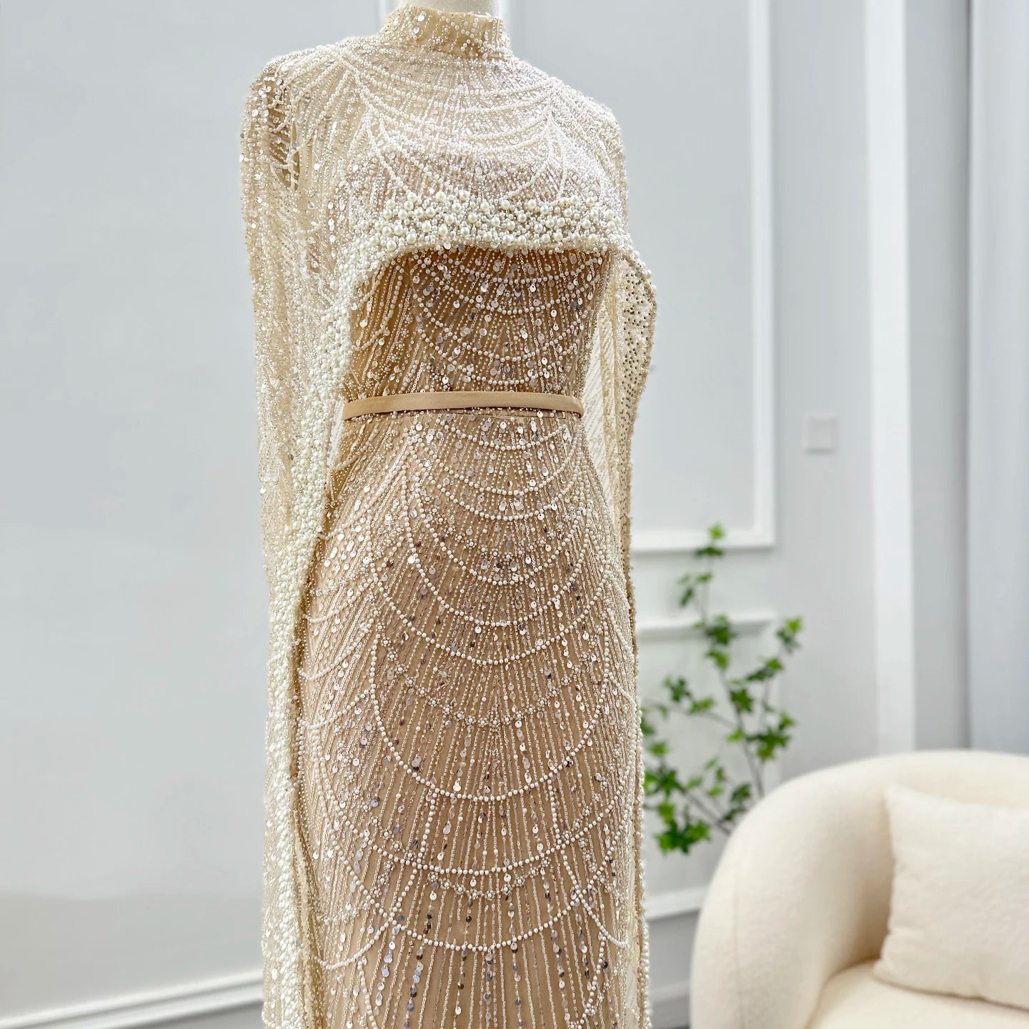 Sharon Said Luxury Pearls Dubai Champagne Evening Dresses