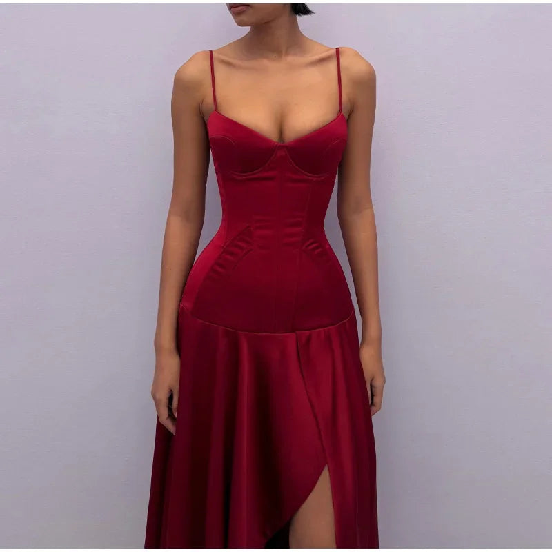 Suninbox Red Satin Spaghetti Strap Midi Dress Women Corset