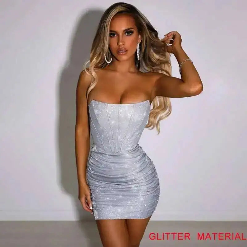 Giyu Night Club Party Woman Dress Sexy Bodycon Glitter Strapless Mini Short Prom Robe 2025 Summer Elegant Ruched Black Vestidos