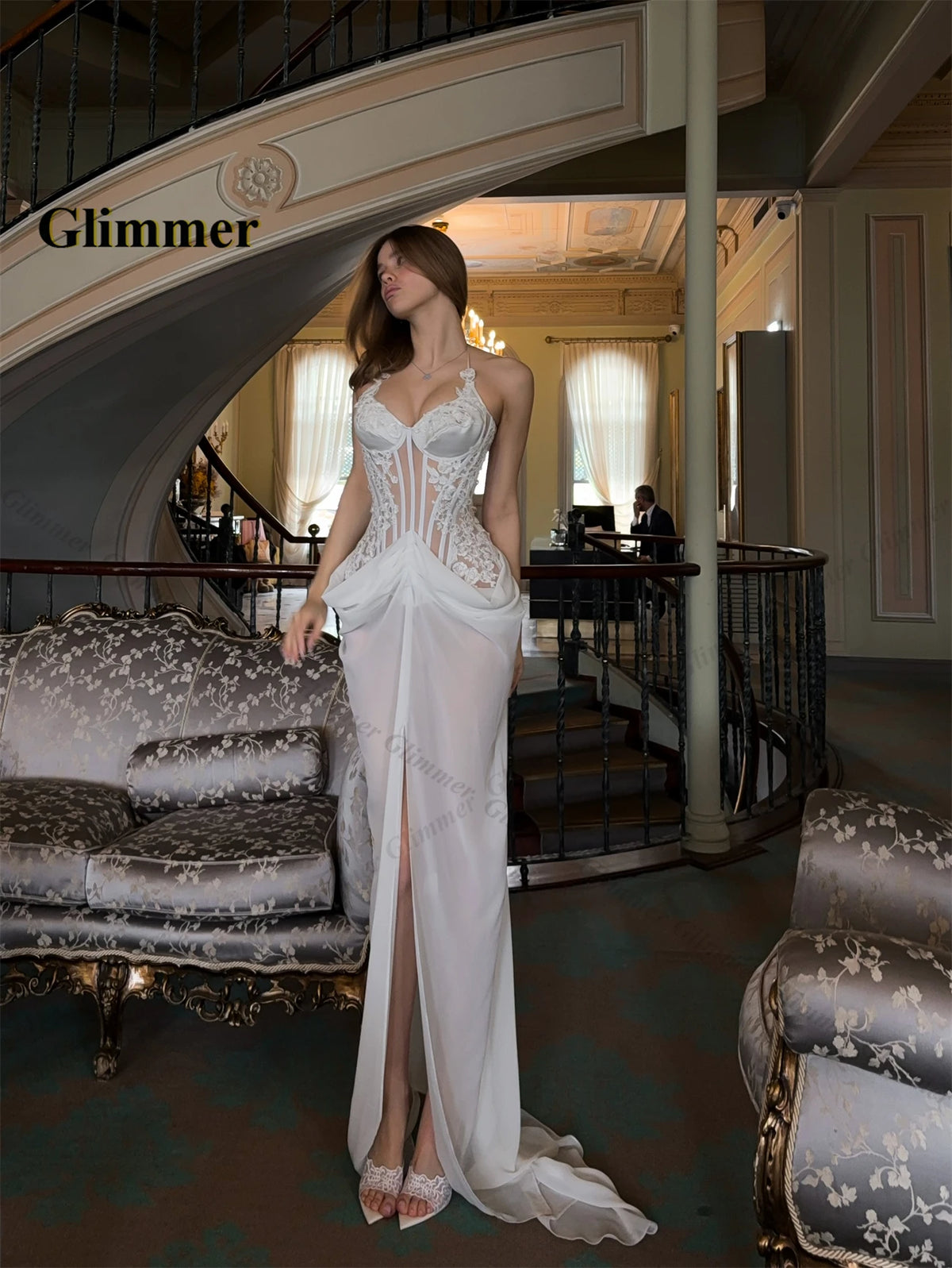 Glimmer Sexy lvory Chiffon Evening Dress Appliques Mermaid Illusion