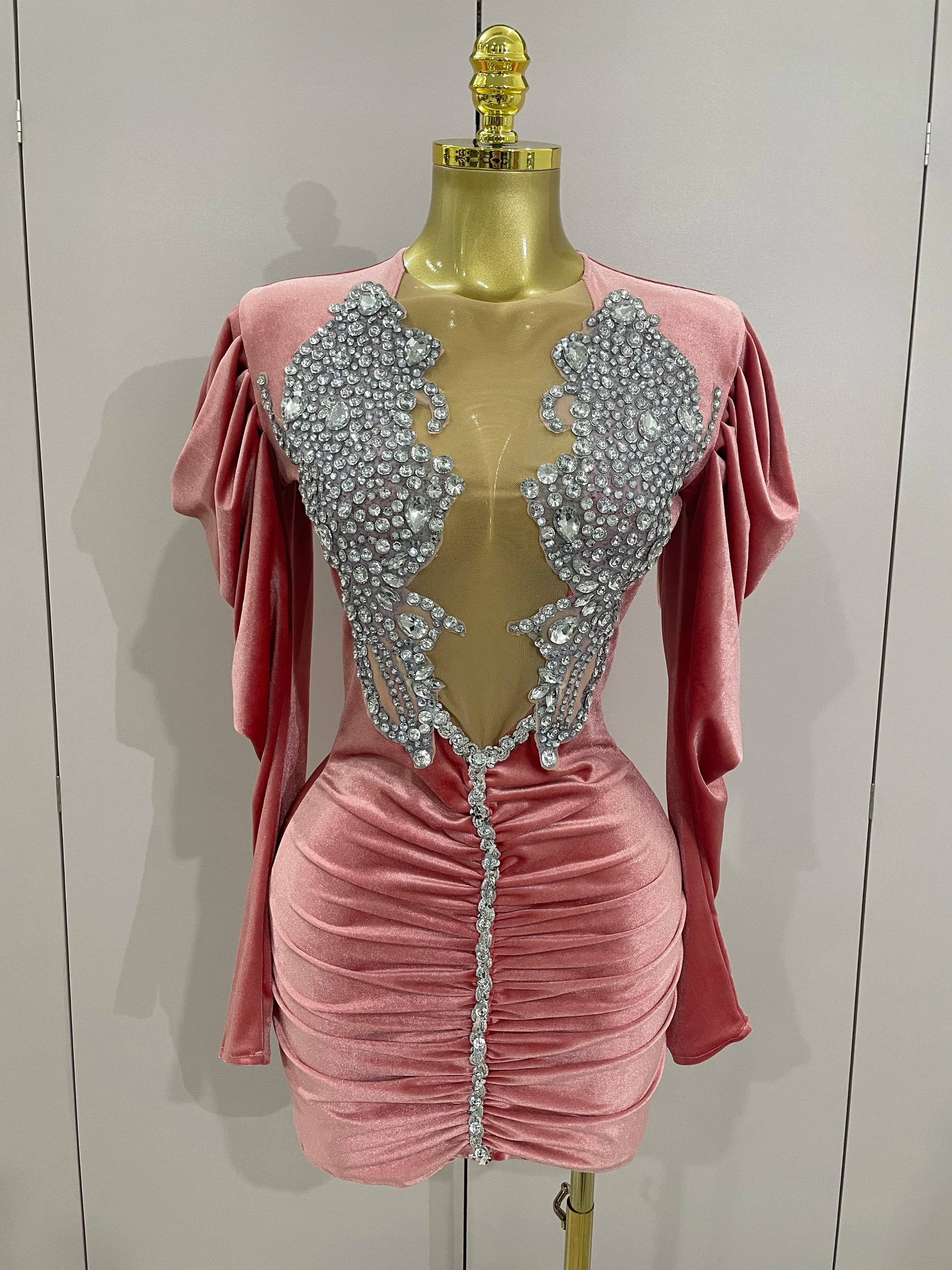 Sparkly Crystals Sexy Mesh Black Velvet Short Dress 2025 Women Elegant Evening Prom Luxury Birthday Party Dresses Stage Costume