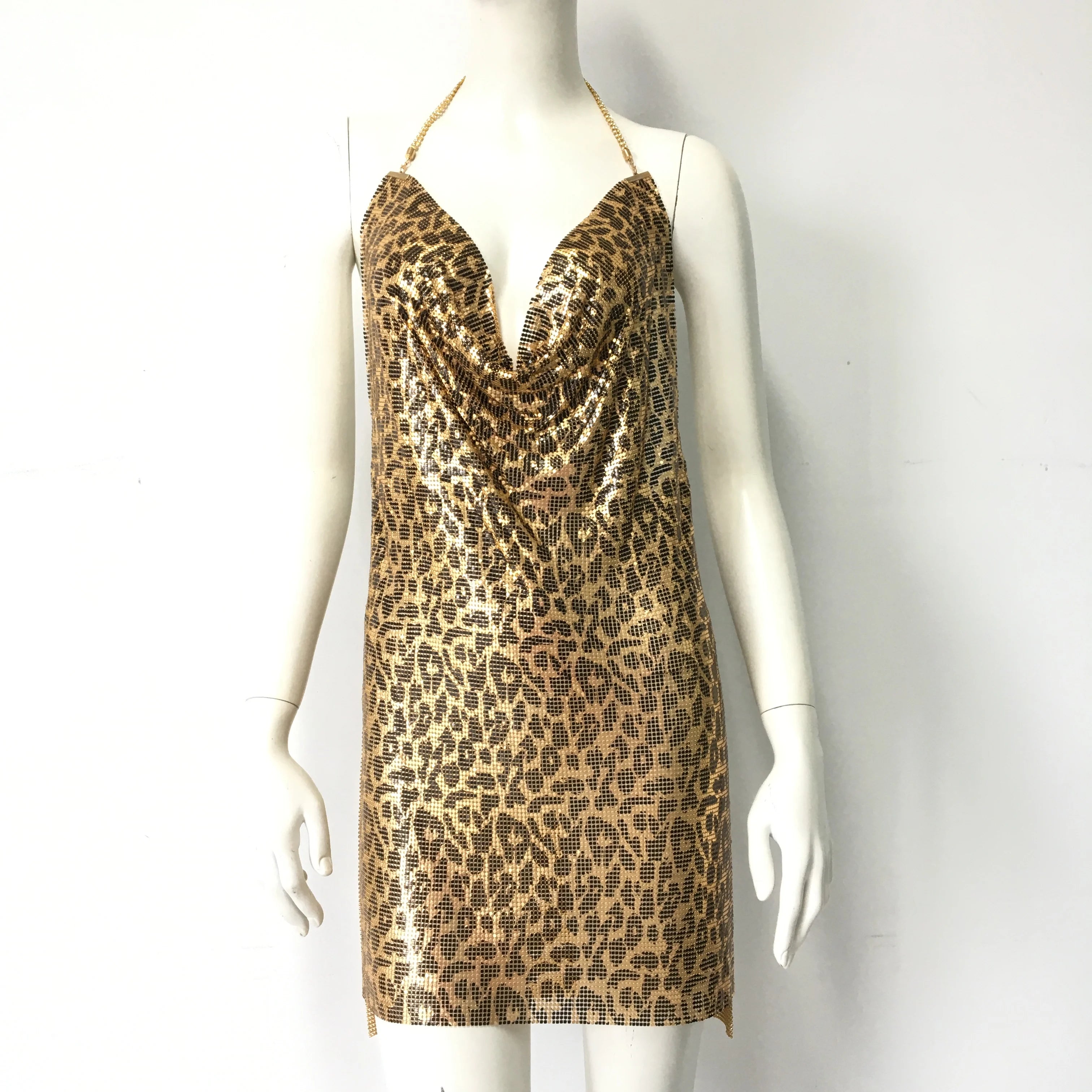 Chic Leopard Print Design Women Mini Dress Sexy Deep V Neck Backless Shiny Rhinestone Chain Halter Neck Dress Nightclub Dresses