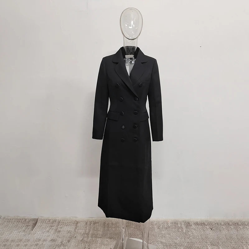 DEAT Fashion Black X-long Blazer Women's Lapel Slim Fit Double Breasted Full Sleeves Suit Jacket Autumn New