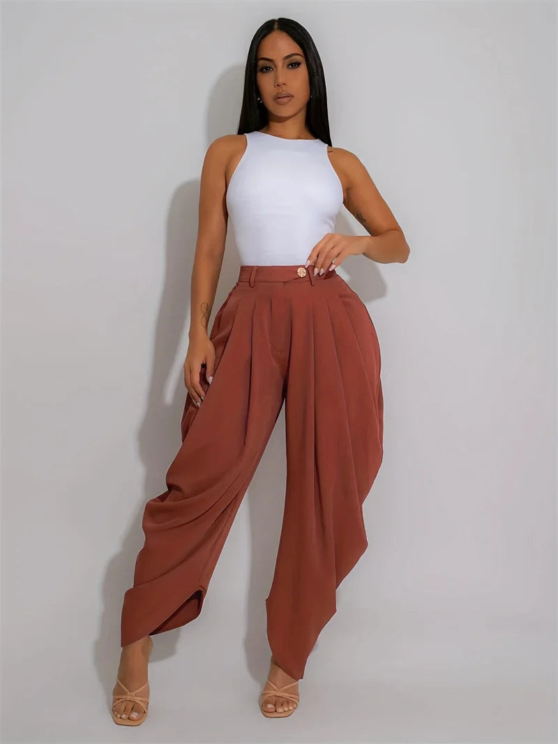 Doyerl Solid Elegant Pants for Woman Clothing Vintage High Waist Button Fly Pleated Ankle-length Ladies Trousers Pantalon Femme