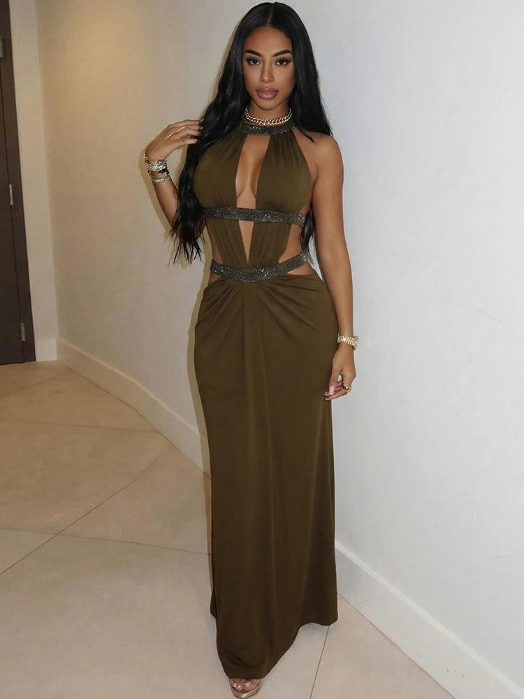 Hollow Out Halter Maxi Dress Sexy Pleated Solid Sleeveless Off Shoulder