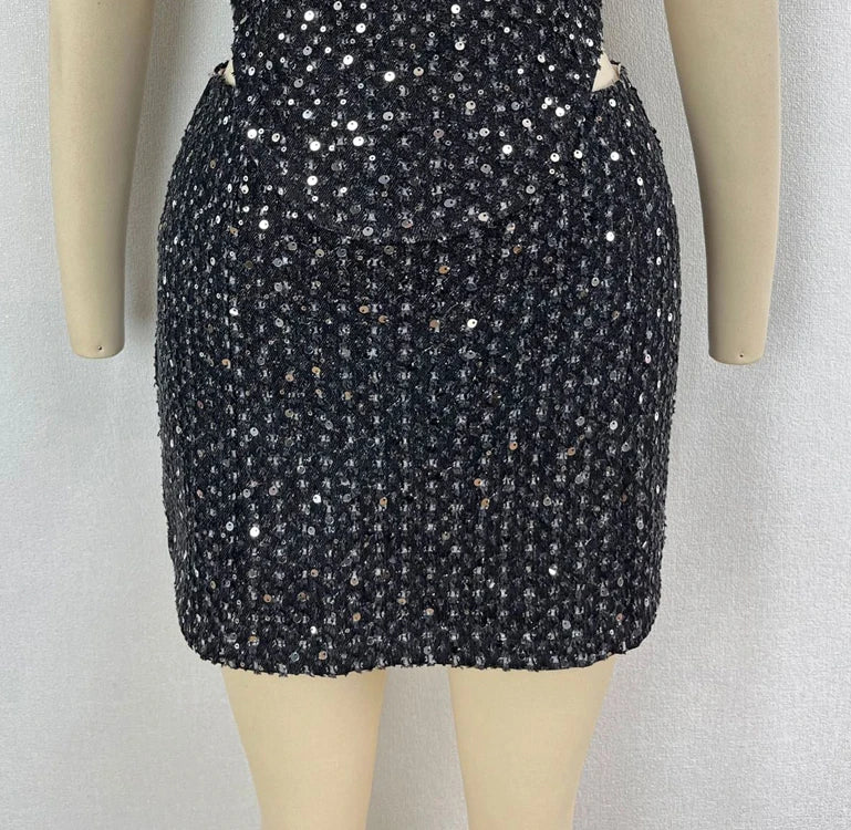 Sexy Sequins Women Denim Tweed Two Piece Dress Sets 2025 Summer Fashion Strapless Top and Bodycon Mini Skirt Female Club Outfits