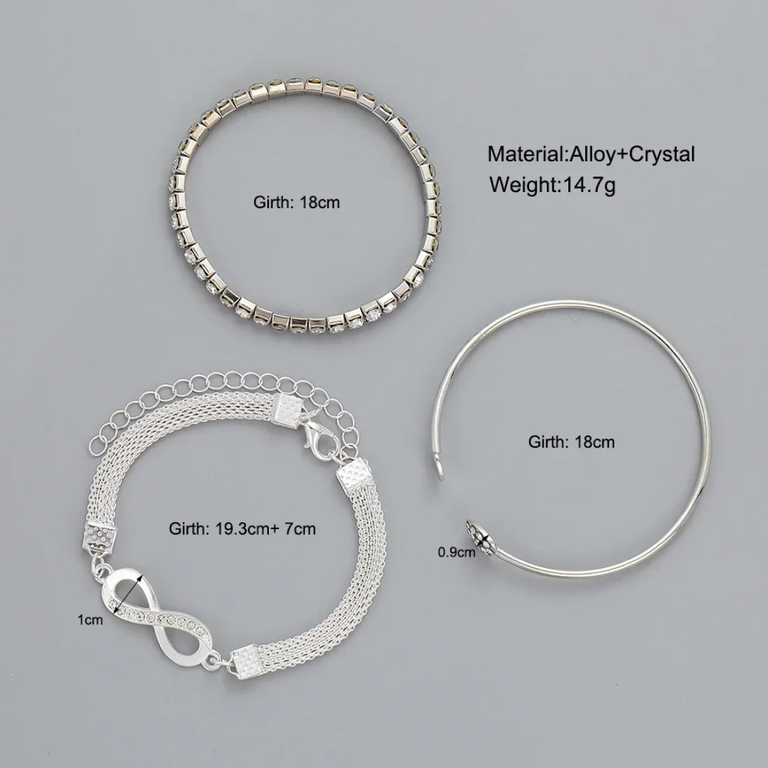 Minimalist Lucky 8 Rhinestone Heart Cuff Bracelet Set