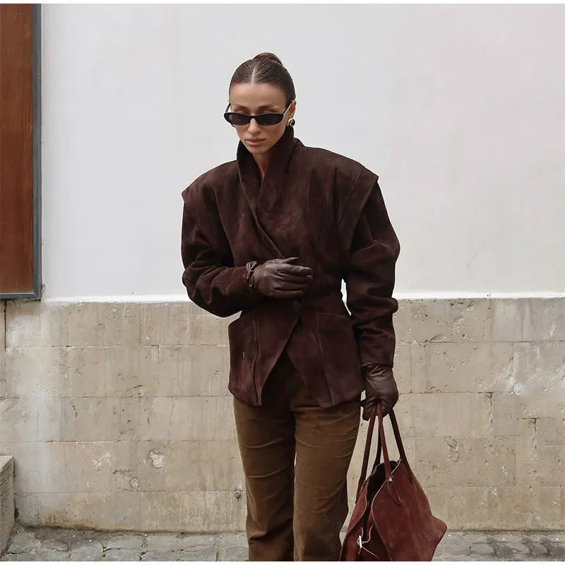 Brown Single Breasted Suede Jacket Women's Fashion