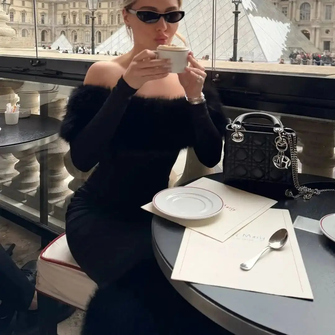 Ofherown Elegant Off Shoulder Black Midi Evening Dress