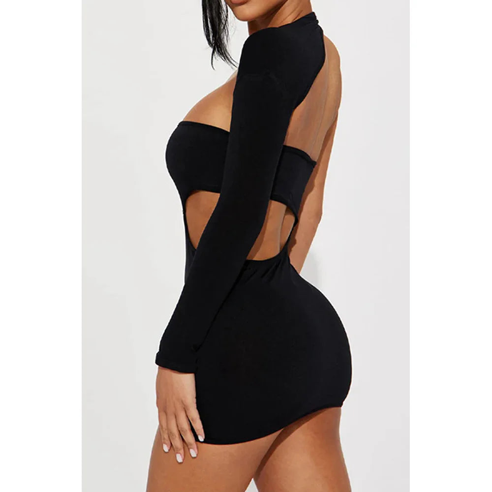 Women's Dress Sexy One-shoulder Long-sleeved Cutout Dresses Solid Color Slim-fit Hollowed-out Dress
