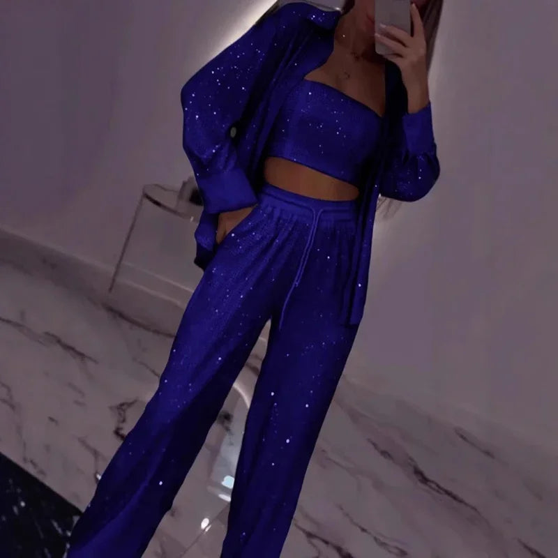 Sexy Sequins Shiny Three Piece Set Womens Strapless