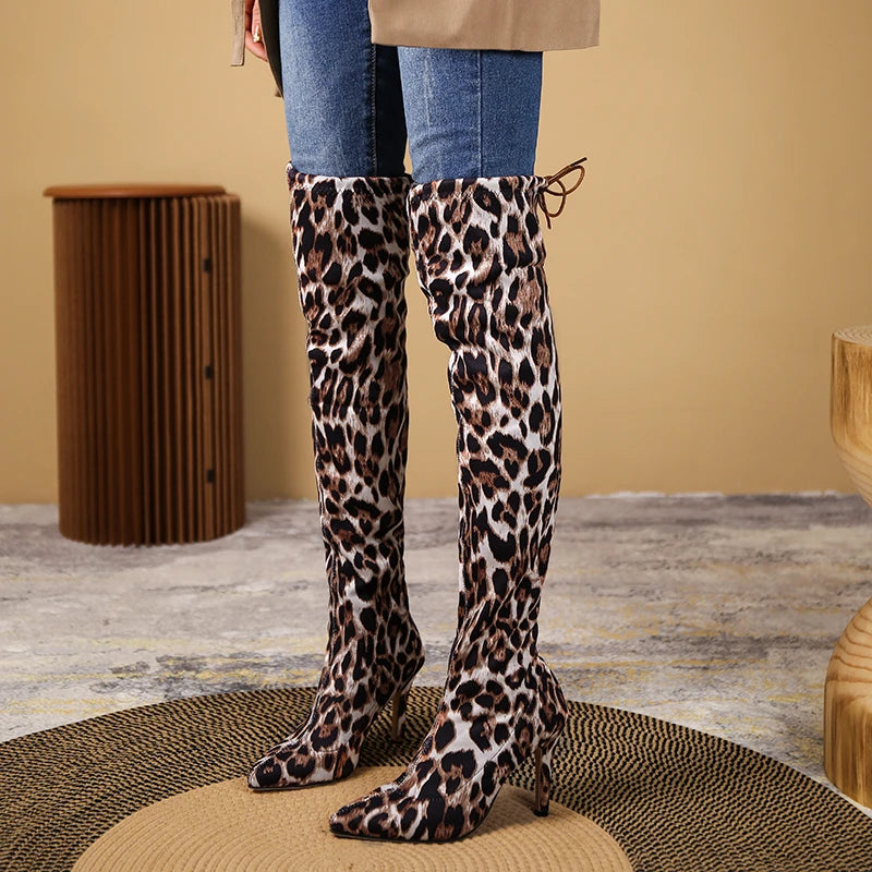 Ladies Fashion Leopard Print Over Knee Boots