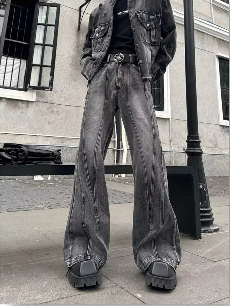 2025 Trashy Y2K Streetwear Washed Grey Baggy Stacked Flare Jeans Pants Men 90S Vintage Clothes Hip Hop Luxury Male Long Trousers