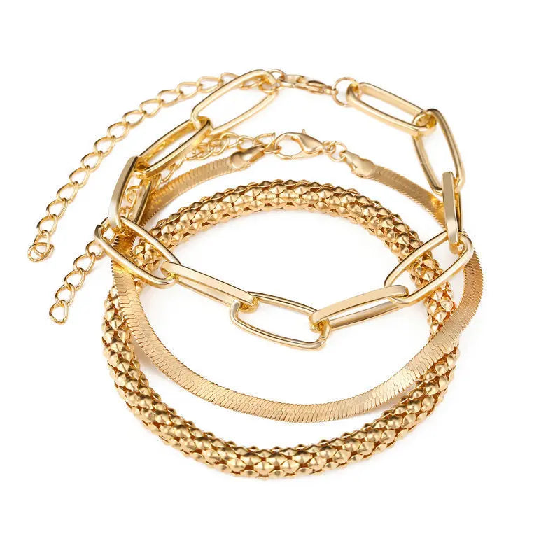 3Pcs Gold Plated Snake Bone Popcorn Chain Bracelet Set