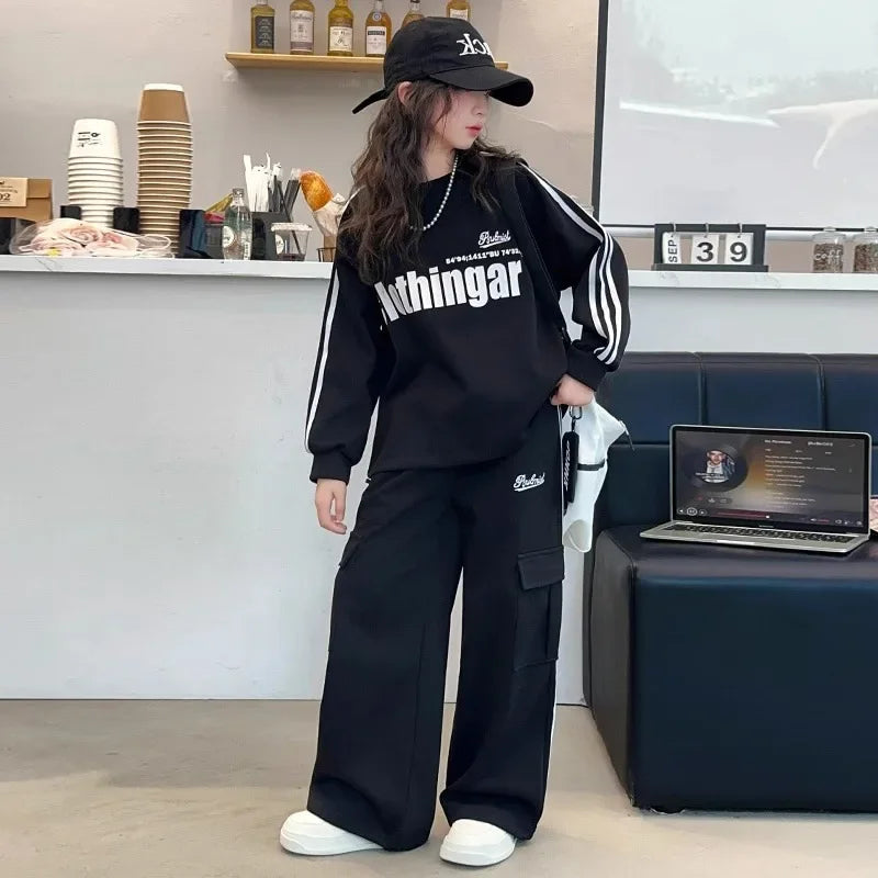 Girls Striped Sweatshirt & Wide Leg Tracksuit