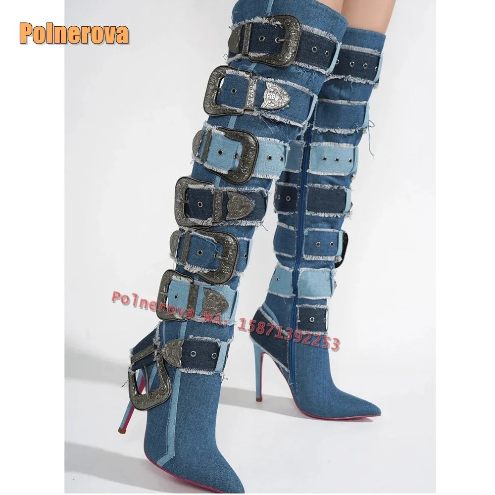 Metal Belt Buckle Canvas Fashion Boots Pointed Toe