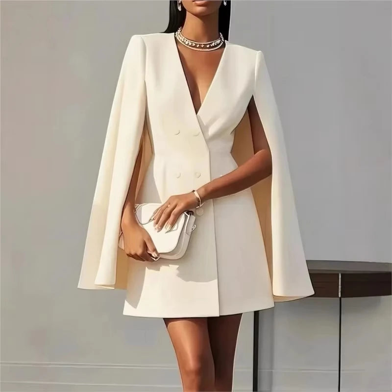 Women's suit dress for autumn office wear, double-breasted cape-like cloak, solid color V-neck suit jacket