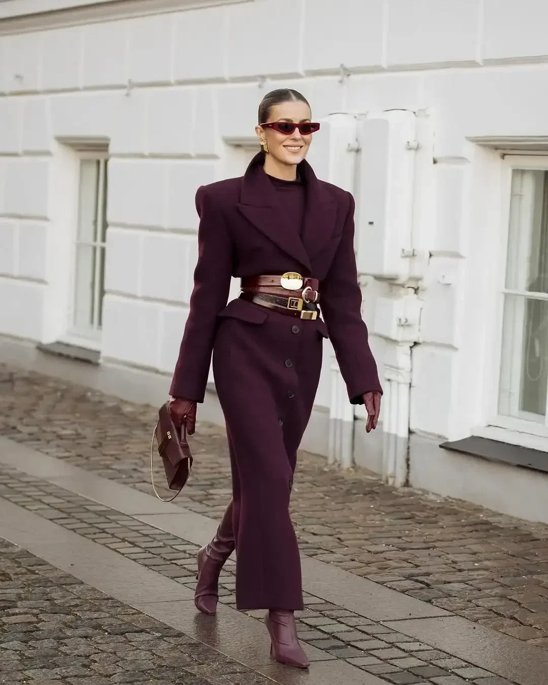 Solid Waist Cinching Woolen Blend Overcoat Women Fashion
