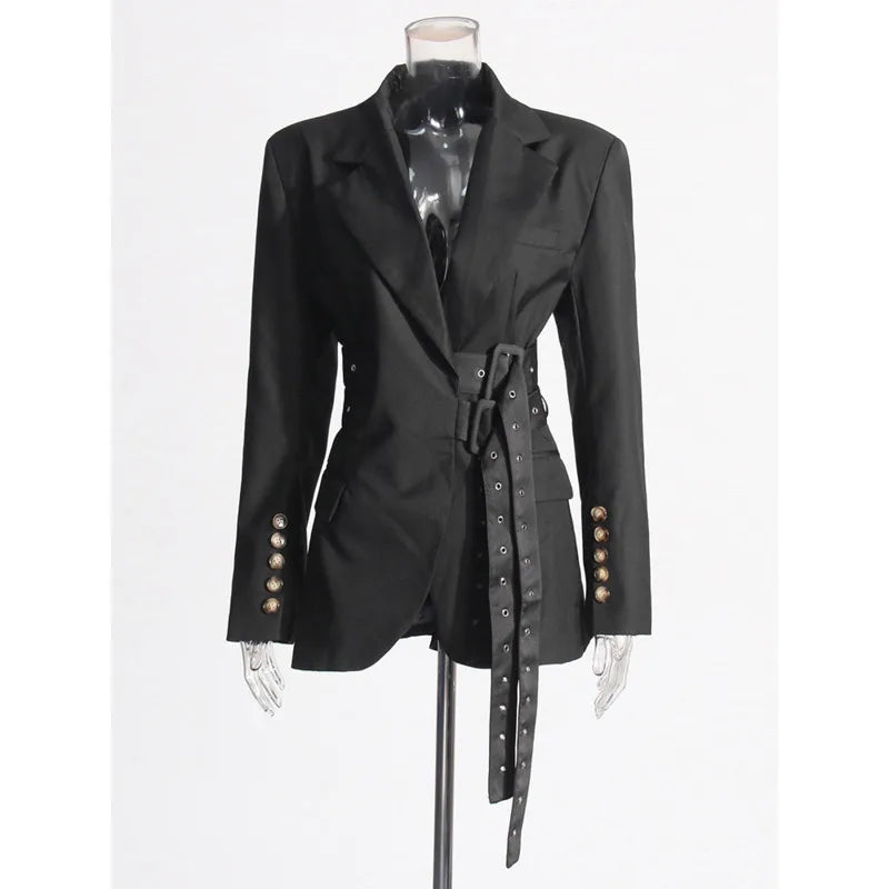 Solid Temperament Jacket Spliced Belt Blazer Women Notched Collar Long Sleeve Outerwear Patchwork Button Elegant Blazers Female