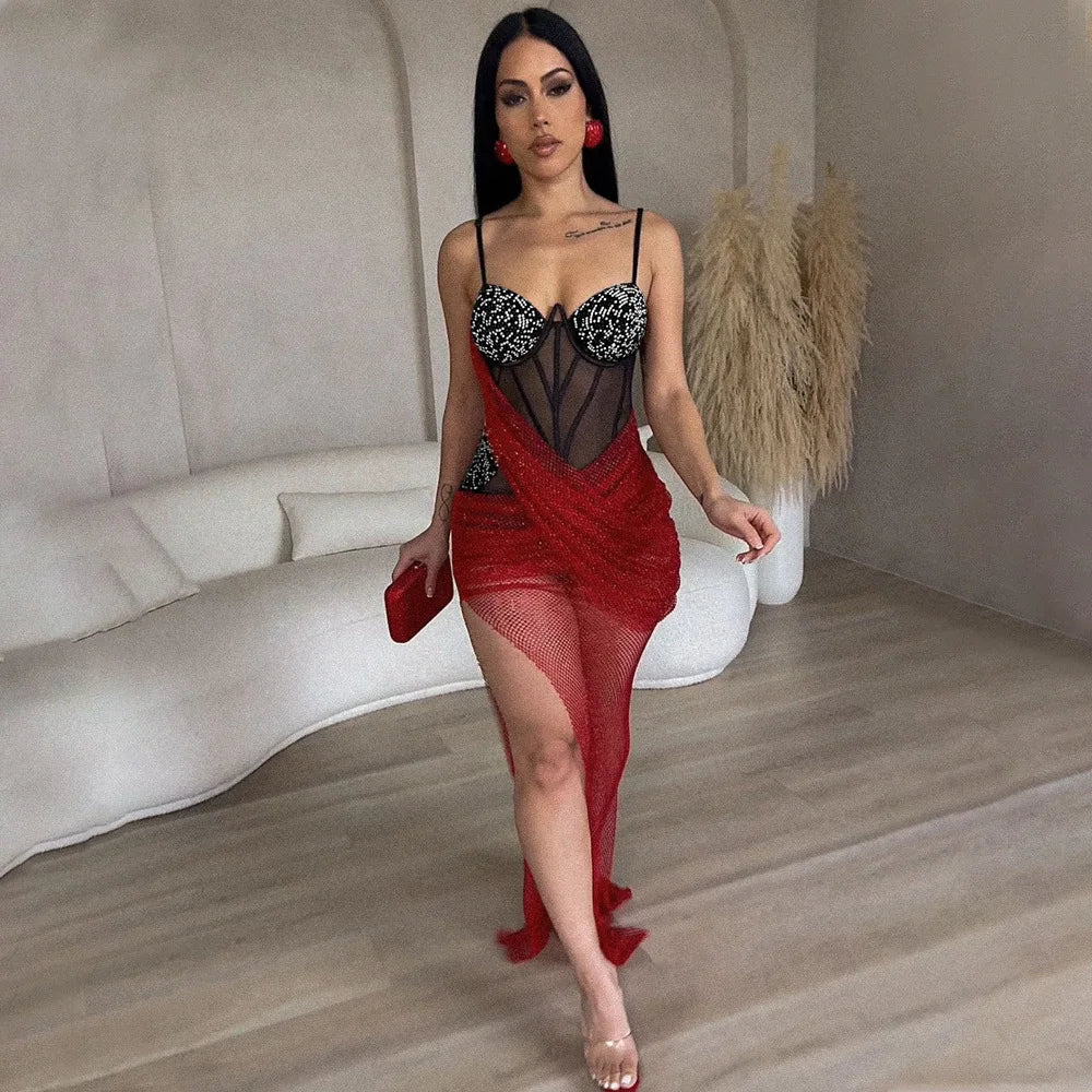 CM.YAYA Women Mesh Strapless Perspective Rhinestone Strap Maxi Long Dress