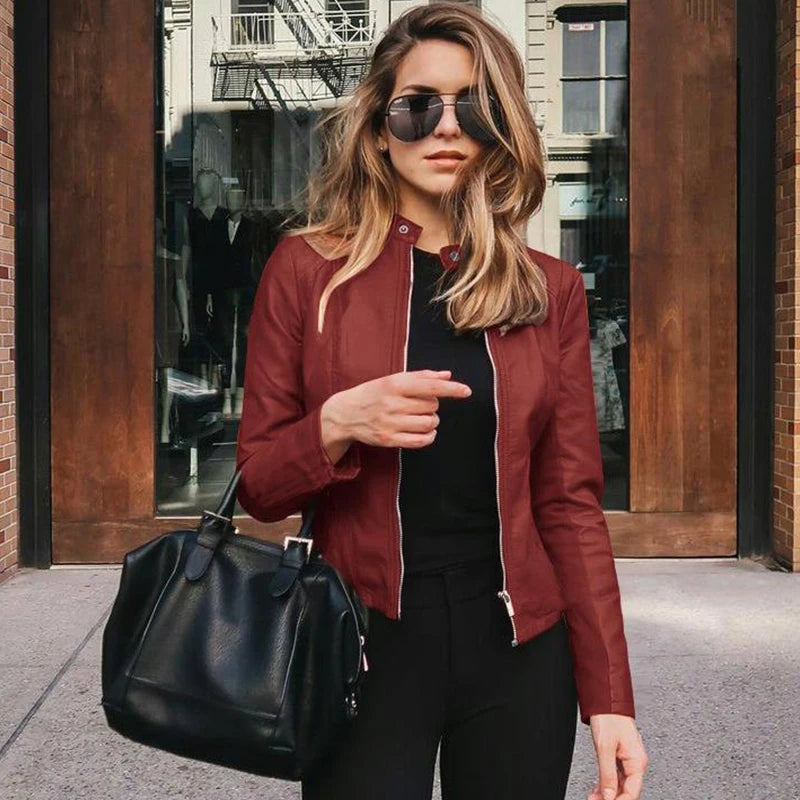 Women’s PU Leather Zipper Bike Coat