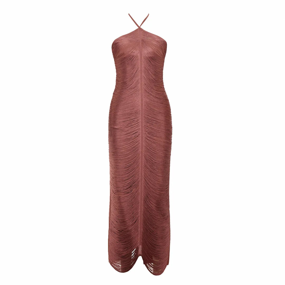 Elegant Bandage Dress Women Black Halterneck Tassel Sleeveless