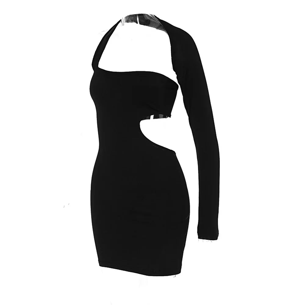 Women's Dress Sexy One-shoulder Long-sleeved Cutout Dresses Solid Color Slim-fit Hollowed-out Dress